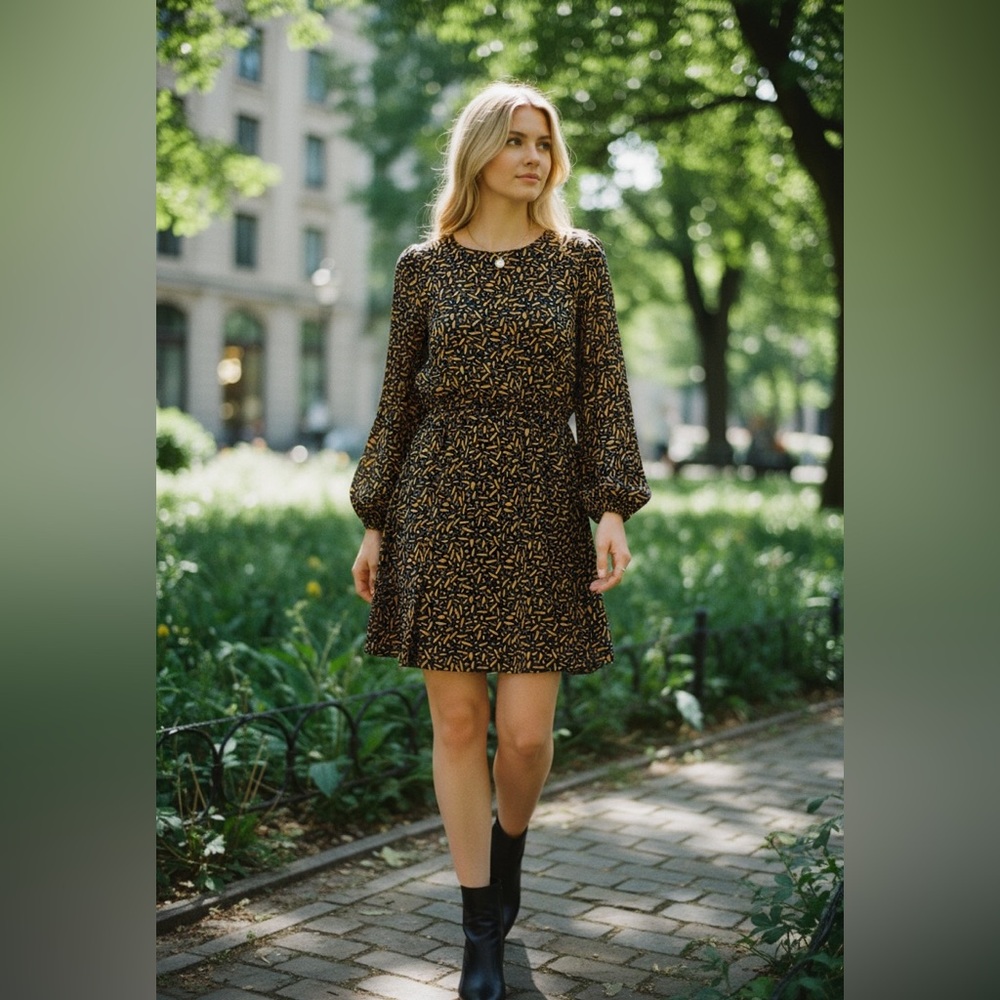 Kaileigh Mini Dress Small Navy Blue Orange Print Longโ Sleeve Fit Flare NWOT
